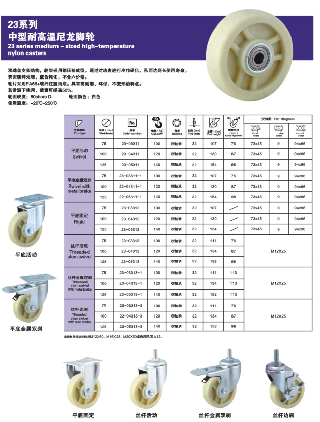 中型耐高溫尼龍腳輪